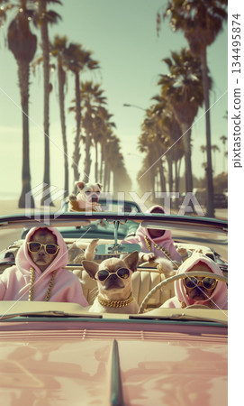 Pets In Matching Outfits Beside Pastel Car, Three Animals And Vibrant Convertible Under Palm Shades 134495874