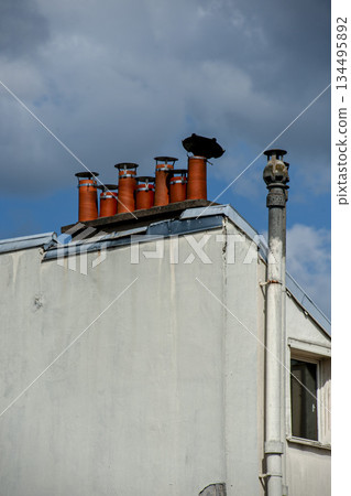 Chimneys asserting their presence on apartment roofs in Paris 134495892