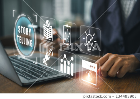 Digital storytelling concept with icons on a laptop screen, symbolizing creative content creation and marketing strategy. Digital storytelling concept with icons on a laptop screen, symbolizing creative content creation and marketing strategy. 134495905