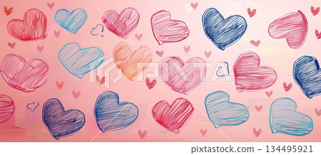 Romantic hand-drawn hearts on a pink background for valentines day Romantic hand-drawn hearts on a pink background for valentines day 134495921