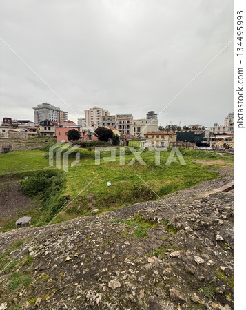 Ancient Roman Amphitheater tourist place winter. Durres, Albania 134495993