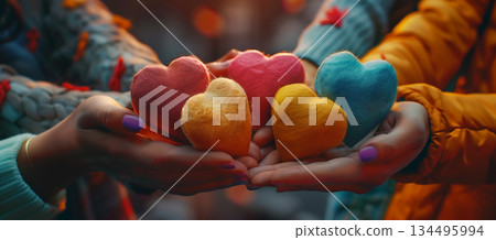 Heartwarming valentines day scene with friends holding colorful heart decorations 134495994
