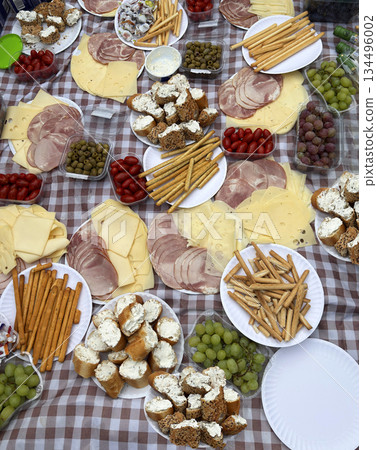Snack for tourists along the trail. Cured meat platter, cheese, breadsticks grissini, bruschetta canapes with cream cheese, grapes, olives, cherry tomatoes, wine. Carpathian mountains, Romania Snack for tourists along the trail. Cured meat platter, cheese, breadsticks grissini, bruschetta canapes with cream cheese, grapes, olives, cherry tomatoes, wine. Carpathian mountains, Romania 134496002