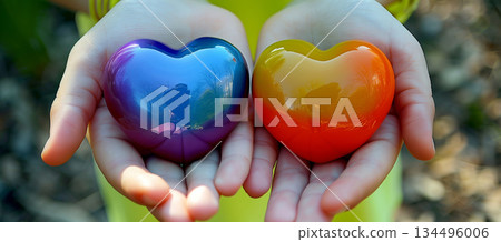 Heartwarming valentines day scene with friends holding colorful heart decorations 134496006