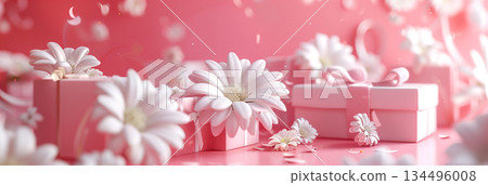 Elegant flat lay composition of white flowers and gift boxes on pink background 134496008