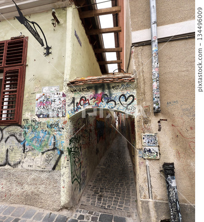 Strada Sforii, or Rope Street, one of the narrowest streets in Europe. Brasov, Romania 134496009