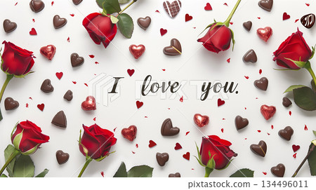 Stunning flat lay of fresh red roses and chocolate candies on white background 134496011