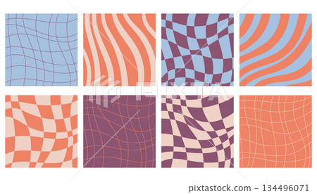 Collection of vibrant retro square posters with psychedelic waves, stripes and checker patterns. Collection of vibrant retro square posters with psychedelic waves, stripes and checker patterns. 134496071