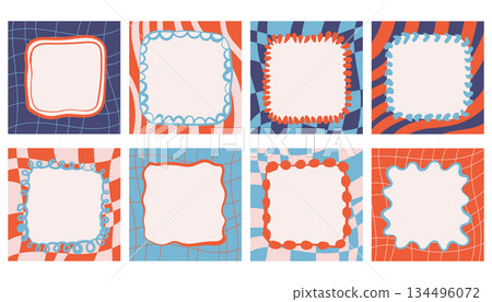Set of groovy retro posters with checkered, striped and wavy textures, decorated with hand drawn doodle frames. 134496072