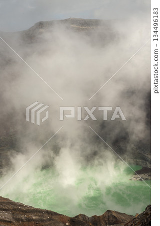 Steam and mist rising from the green kettle of Mount Aso Steam and mist rising from the green kettle of Mount Aso 134496183