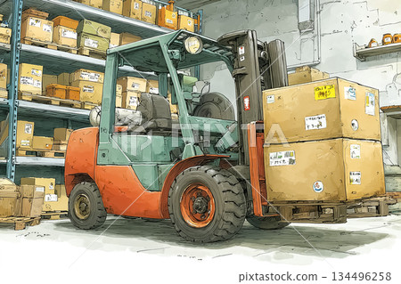 Image of cargo and forklifts lined up in a warehouse 134496258