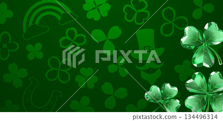 Green shamrocks and leprechaun hat on dark green background. 134496314