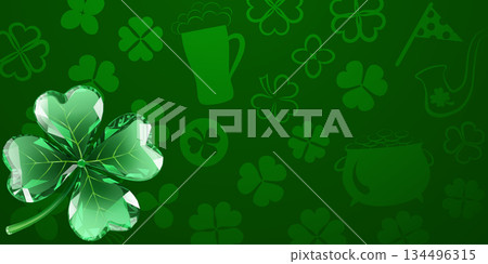 Green shamrocks and symbols on dark green background for St Patricks day. 134496315