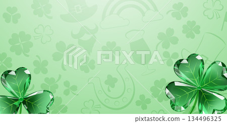 Green shamrocks on light green background with st Patricks day symbols. Green shamrocks on light green background with st Patricks day symbols. 134496325