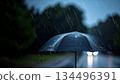 Black umbrella standing in heavy rain at night 134496391