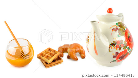 Cozy Breakfast Still Life with Tea, Waffles and Honey Cozy Breakfast Still Life with Tea, Waffles and Honey 134496413