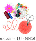 Creative Needlework Concept with Yarn, Scissors, and Buttons 134496416