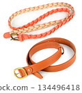 Two Stylish Leather Belts for Women on White Background 134496418