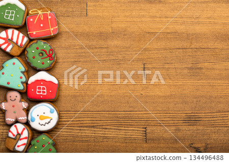 Christmas gingerbread cookies on wooden table 134496488