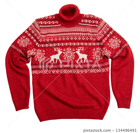 Red Christmas sweater flat lay isolated on white 134496491