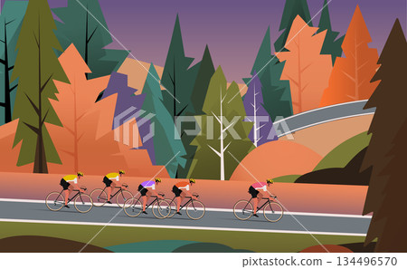 Minimalist Vector Illustration of Cyclists Riding Through Autumn Forest 134496570