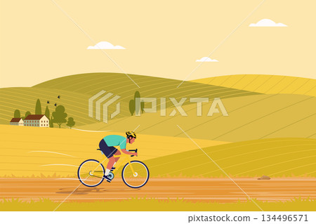 A cyclist in a teal top and blue shorts with a yellow helmet riding a yellow bicycle along a dirt path through golden-green hills under white clouds and birds 134496571