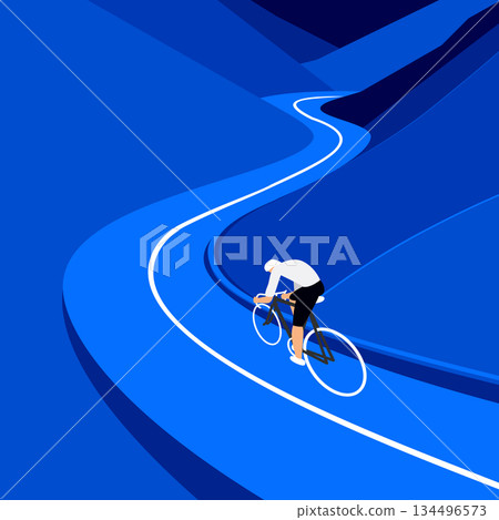 Cyclist riding a bicycle swiftly along a mountain road, in minimalist vector illustration style. 134496573