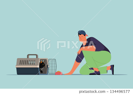 Minimalist Vector Illustration of Man Feeding Cat in Carrier. Minimalist Vector Illustration of Man Feeding Cat in Carrier. 134496577