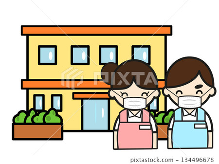 Illustration of a female and male caregiver wearing a mask in front of a nursing home Illustration of a female and male caregiver wearing a mask in front of a nursing home 134496678