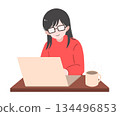 A relaxed illustration of a woman smiling and operating a laptop, working from home or learning online 134496853