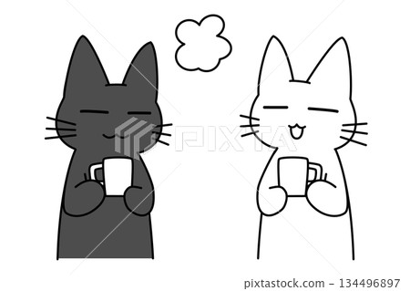 A cute illustration of a black and white cat relaxing during a coffee break 134496897