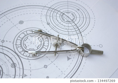 Gear drawing. Engineering industrial background. Technology banner. 134497269