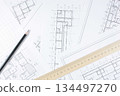 House construction. Architectural engineering design. Paper drawing. 134497270