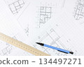 House construction. Architectural engineering design. Paper drawing. 134497271