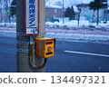 Scenery of an old push-button traffic light with peeling paint and a snowy winter road 134497321