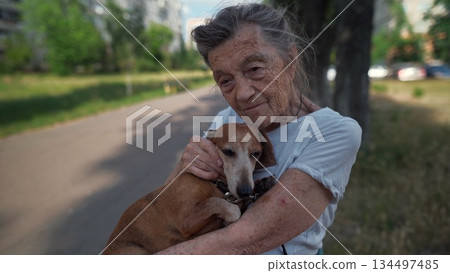 Happy senior woman holds a small dachshund dog in her arms, smiles hugs, presses and shows love to her pet on a bench in the park. Female 90 years old spends time with her best friend pet on street 134497485