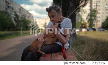 Senior 90-year-old woman with gray hair and deep wrinkles sits outdoors In assisted living facility on bench with small dachshund dog. Old female hugs and cuddles pet in the park on a bench 134497497