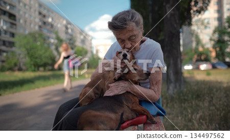 Senior 90-year-old woman with gray hair and deep wrinkles sits outdoors In assisted living facility on bench with small dachshund dog. Old female hugs and cuddles pet in the park on a bench 134497562