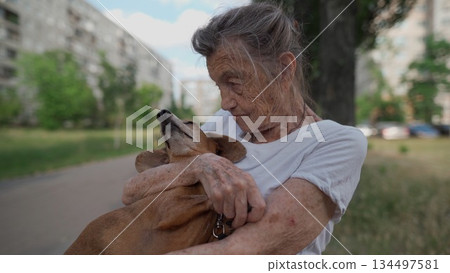 Senior 90-year-old woman with gray hair and deep wrinkles sits outdoors In assisted living facility on bench with small dachshund dog. Old female hugs and cuddles pet in the park on a bench 134497581