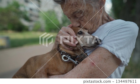 Happy senior woman holds a small dachshund dog in her arms, smiles hugs, presses and shows love to her pet on a bench in the park. Female 90 years old spends time with her best friend pet on street Happy senior woman holds a small dachshund dog in her arms, smiles hugs, presses and shows love to her pet on a bench in the park. Female 90 years old spends time with her best friend pet on street 134497611