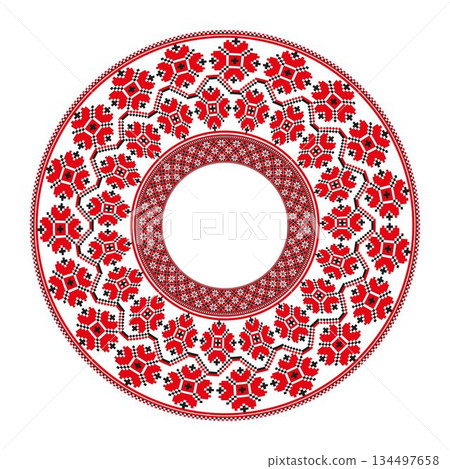Round frame with floral pattern in slavic ethnic style. Traditional folk embroidery frame. Ukrainian, Belarusian, Bulgarian, Slavic embroidery. Folklore. For embroidery, plate. Cross stitch patterns. Round frame with floral pattern in slavic ethnic style. Traditional folk embroidery frame. Ukrainian, Belarusian, Bulgarian, Slavic embroidery. Folklore. For embroidery, plate. Cross stitch patterns. 134497658