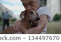 Animal theme is a lonely old woman best friend. Caucasian 90 years old senior female is happy to spend time with her pet small dachshund dog, holding her in her arms, hugging hugs and kisses outdoor 134497670