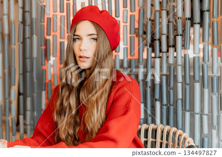 Woman Beret Fashion Portrait Cafe Interior Woman Beret Fashion Portrait Cafe Interior 134497827