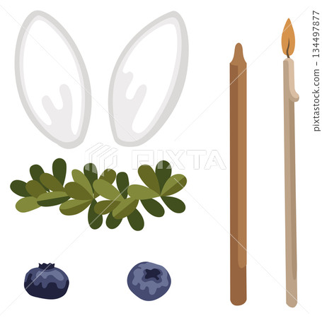 Hand-drawn collection for Easter cake decoration, bunny sugar ears and candles and blueberry and floral wreath 134497877