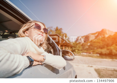 Woman Car Mountain Enjoying Scenic View Road Trip Adventure Woman Car Mountain Enjoying Scenic View Road Trip Adventure 134497906
