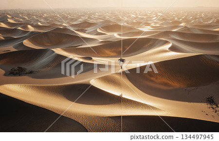 Natural Resource Abundance - panoramic landscape of desert filled with metallic dunes shimmering in sunlight, drone perspective under golden haze Natural Resource Abundance - panoramic landscape of desert filled with metallic dunes shimmering in sunlight, drone perspective under golden haze 134497945