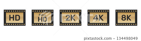 Video Resolution Icons In Silhouette Set. Hd, Full Hd, 2K, 4K, And 8K Quality Symbol Collection. Multimedia And Technology Use. Isolated Vector Illustration 134498049