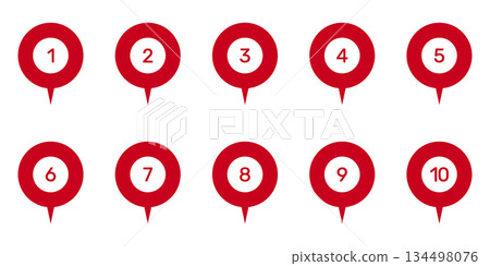 Numbered Location Pin Markers for Navigation and Mapping Icon Set. Geographic Position Indicators and Route Point Pins for Maps and Tracking Symbol Collection. Isolated Vector Illustration 134498076
