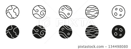 Planetary Surface Patterns Line And Solid Icon Set. Celestial Bodies, Astronomy, And Space Exploration Outline And Silhouette Symbol Collection. Isolated Vector Illustration Planetary Surface Patterns Line And Solid Icon Set. Celestial Bodies, Astronomy, And Space Exploration Outline And Silhouette Symbol Collection. Isolated Vector Illustration 134498080