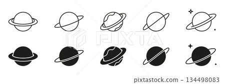 Planet With Rings Line And Solid Icon Set. Astronomy, Space Exploration, And Celestial Bodies Outline And Silhouette Symbol. Cosmic And Galactic. Isolated Vector Illustration Planet With Rings Line And Solid Icon Set. Astronomy, Space Exploration, And Celestial Bodies Outline And Silhouette Symbol. Cosmic And Galactic. Isolated Vector Illustration 134498083